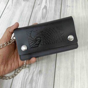 Men Genuine Leather Biker, Motorbiker, Trucker Long Chain Black Eagle Wallet